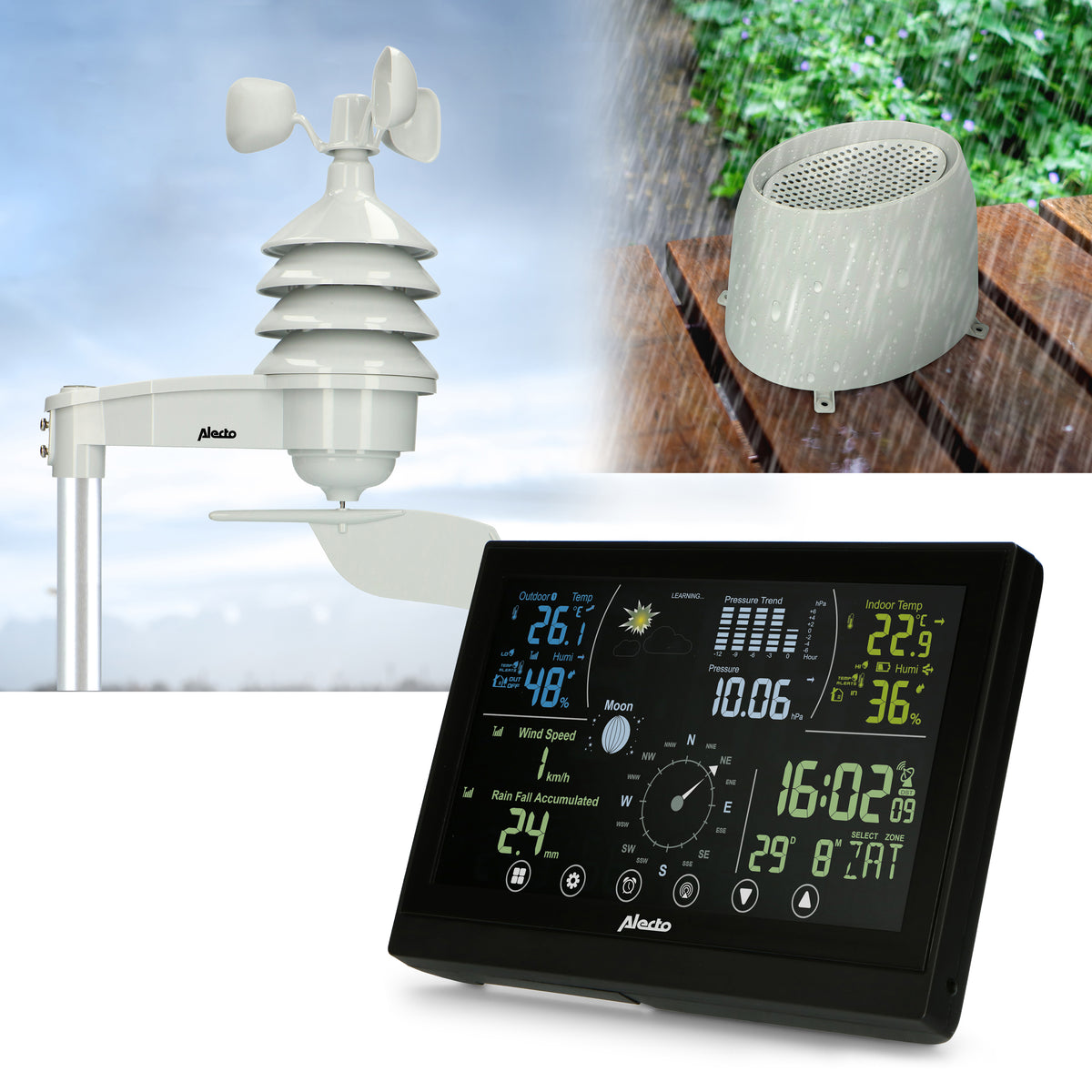 Alecto WS3875 - Professionelle 6-in-1 Wetterstation - Kabelloser Außensensor - Schwarz