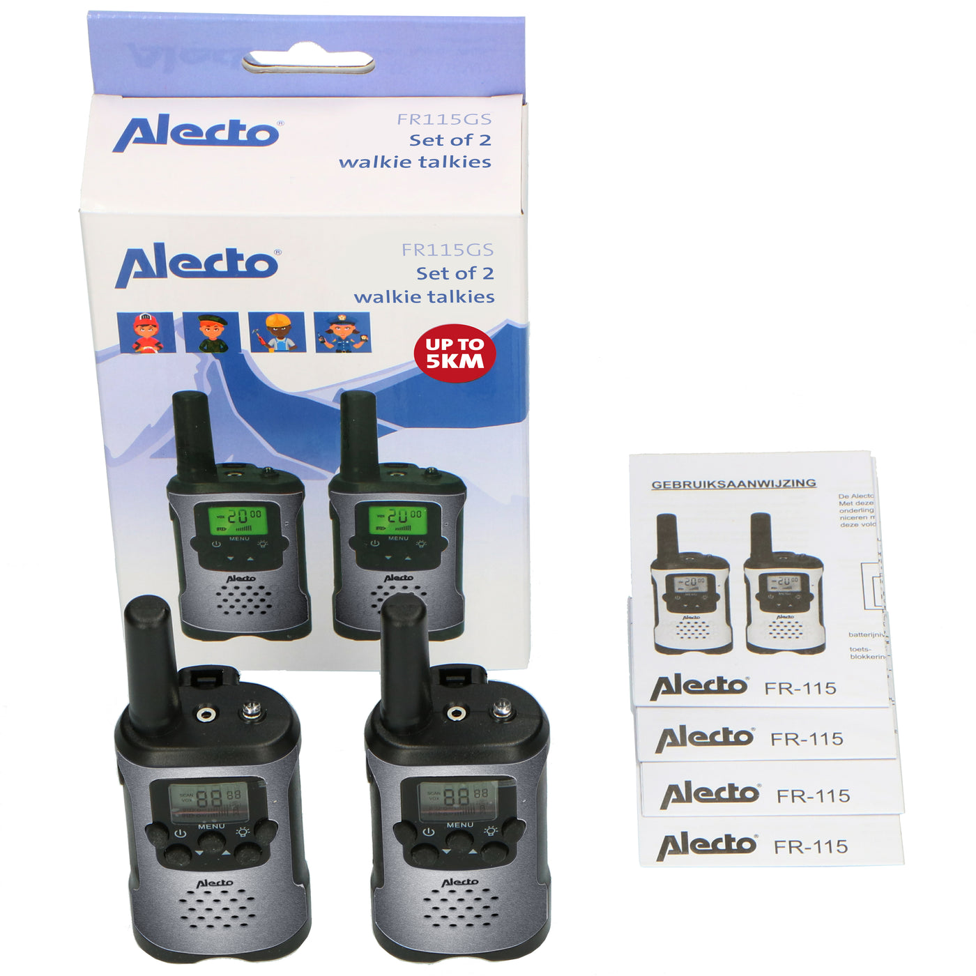 Alecto FR115GS - Set von 2 Funkgeräten für Kinder - Reichweite von bis zu 5 Kilometern - grau/schwarz