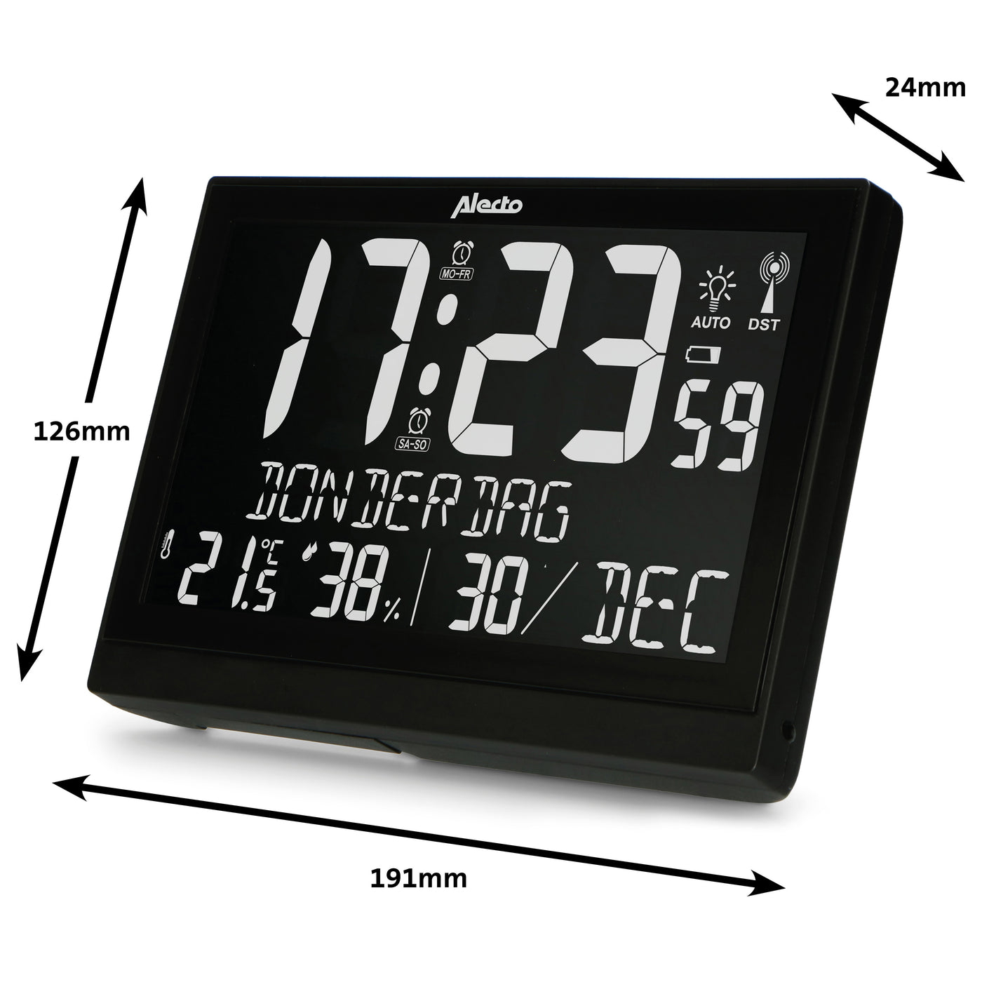 Alecto AK-70 - Große digitale Uhr mit Thermometer und Hygrometer, schwarz