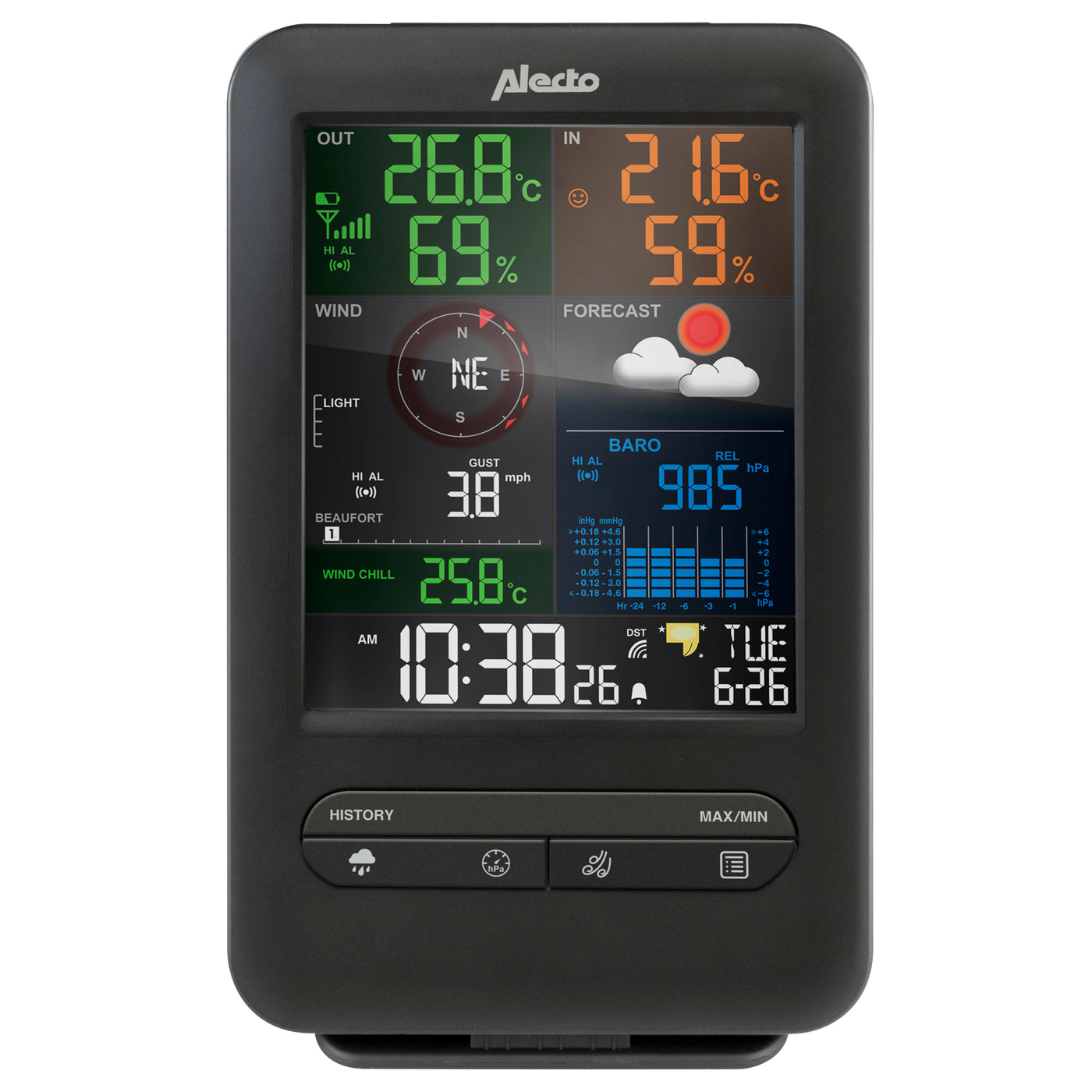 Alecto WS-4900 - Professionelle Wetterstation mit kabellosem Außensensor, schwarz