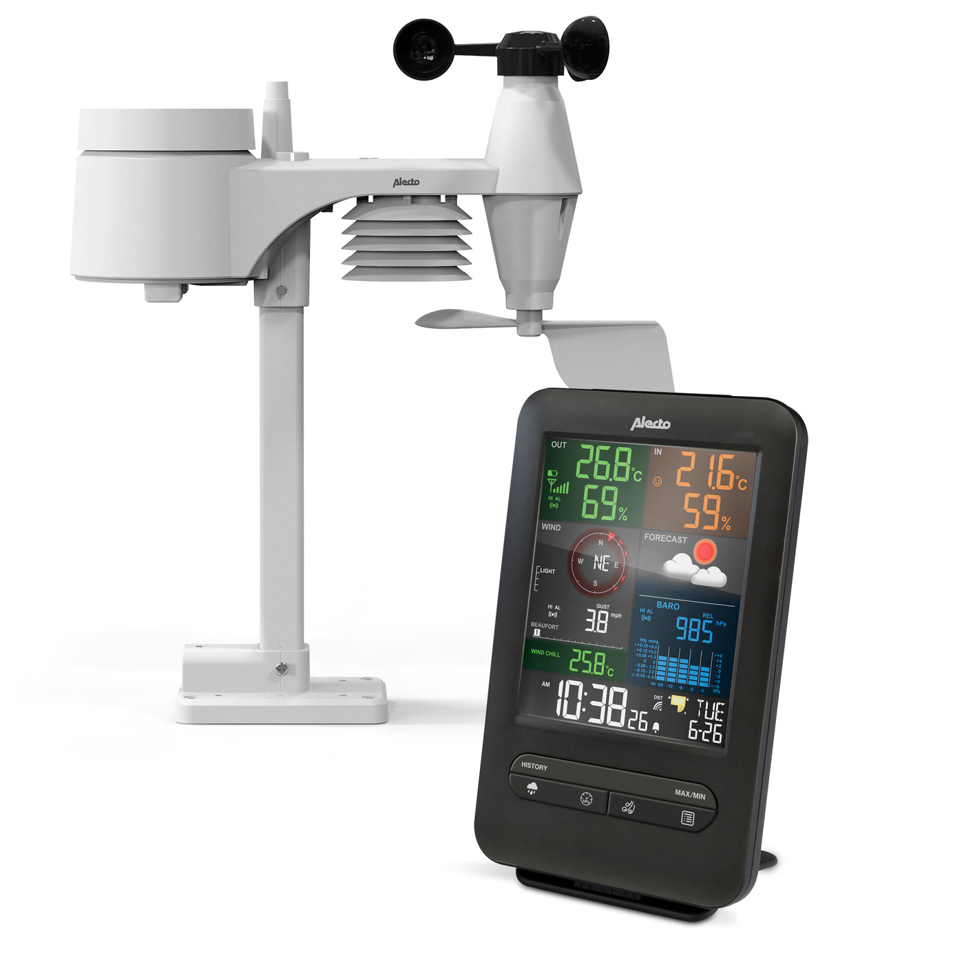 Alecto WS-4900 - Professionelle Wetterstation mit kabellosem Außensensor, schwarz